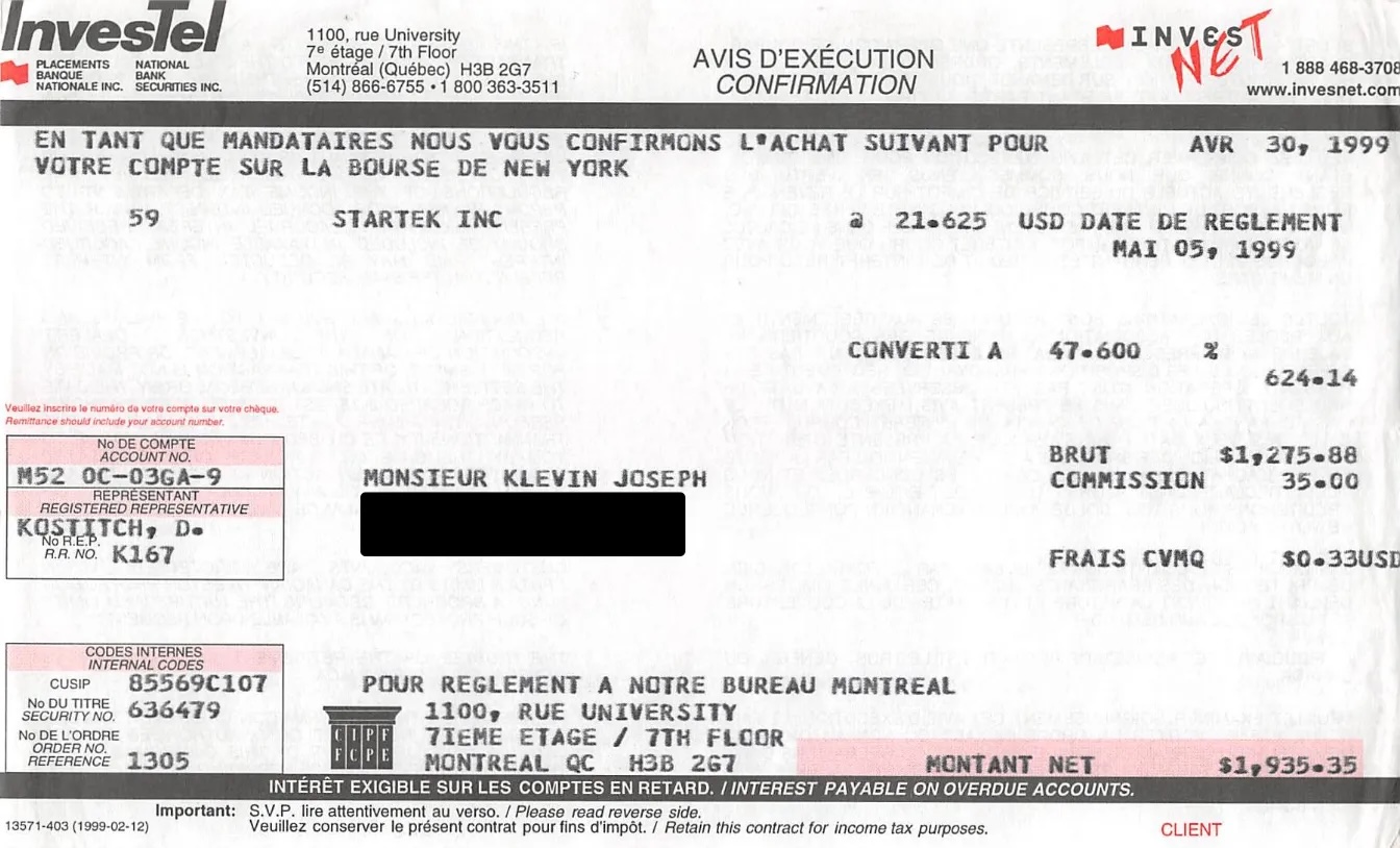 First trade ticket buying 59 shares of Startek Inc.