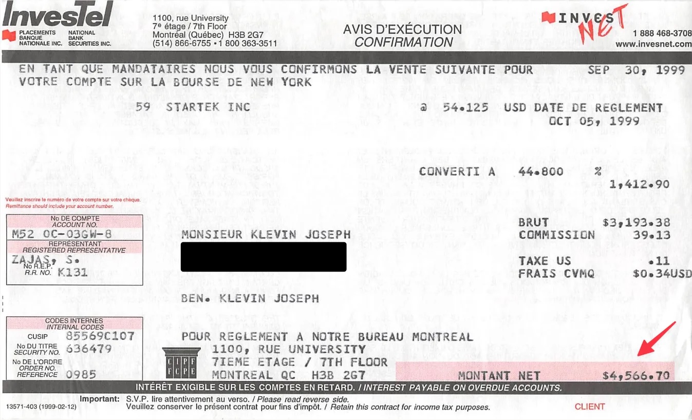 Sale trade ticket for 59 shares of Startek Inc.